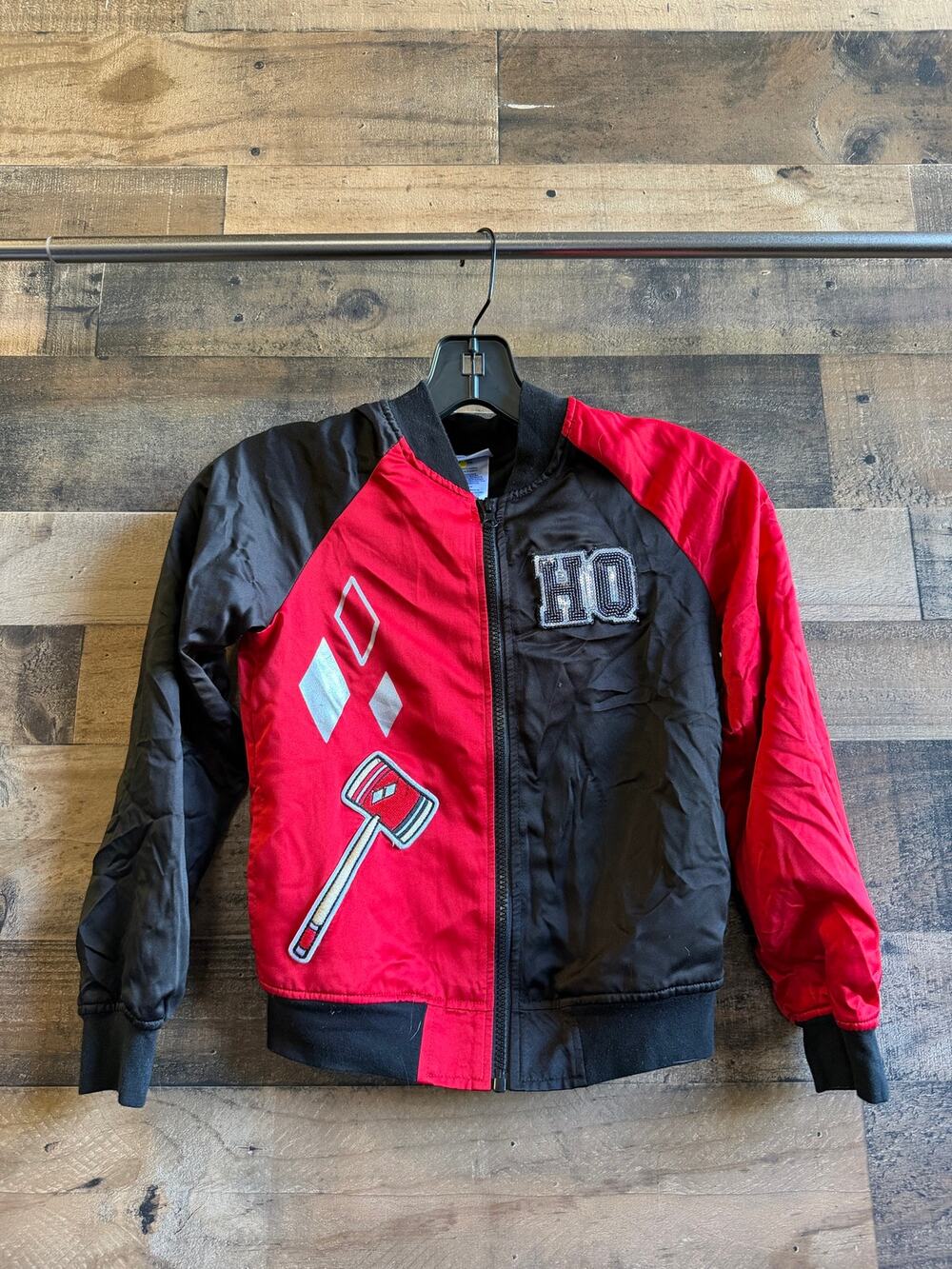 DC Comics Harley Quinn Girls Satin Bomber Jacket Red Black Jester - Child M 7/8